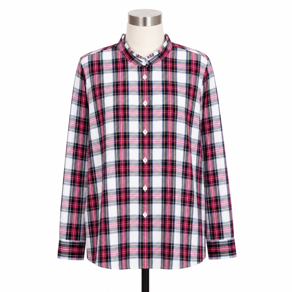 J.Crew Button Down Shirt Womens S Pink Plaid Ruffle Band Collar‎ Long Sleeve Top